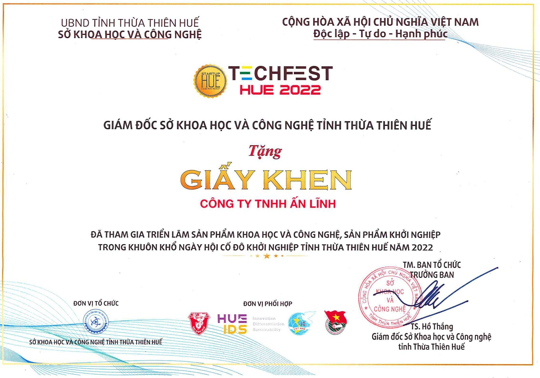 Giấy khen tham gia ngày hội Cố Đô Khởi Nghiệp Năm 2022 Bancha Tea Hue