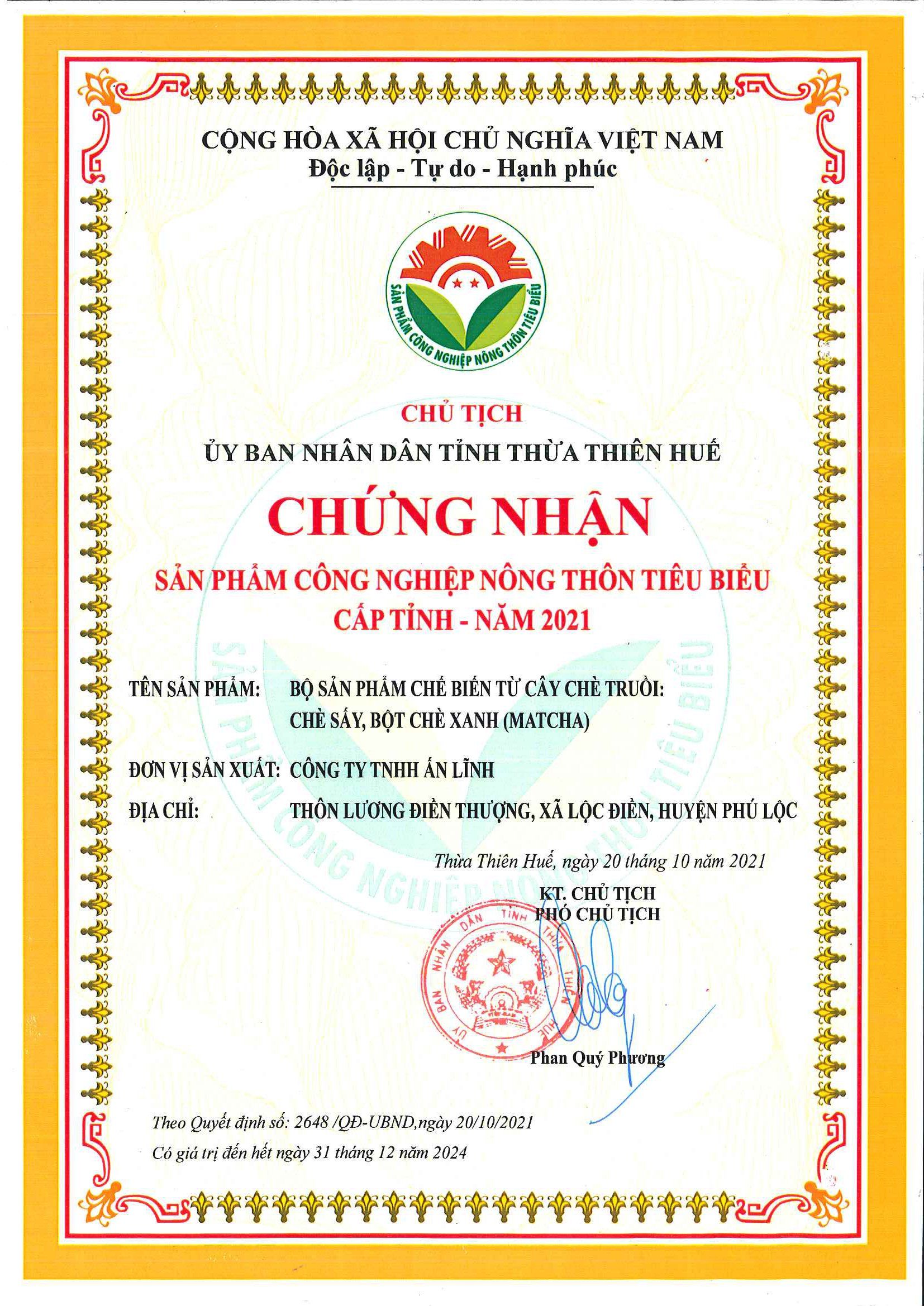Giay chung nhan NT tieu bieu cap Tinh Nam 2021 Giấy chứng nhận Nông Thôn tiêu biểu cấp tỉnh năm 2021 Bancha Tea Vietnam