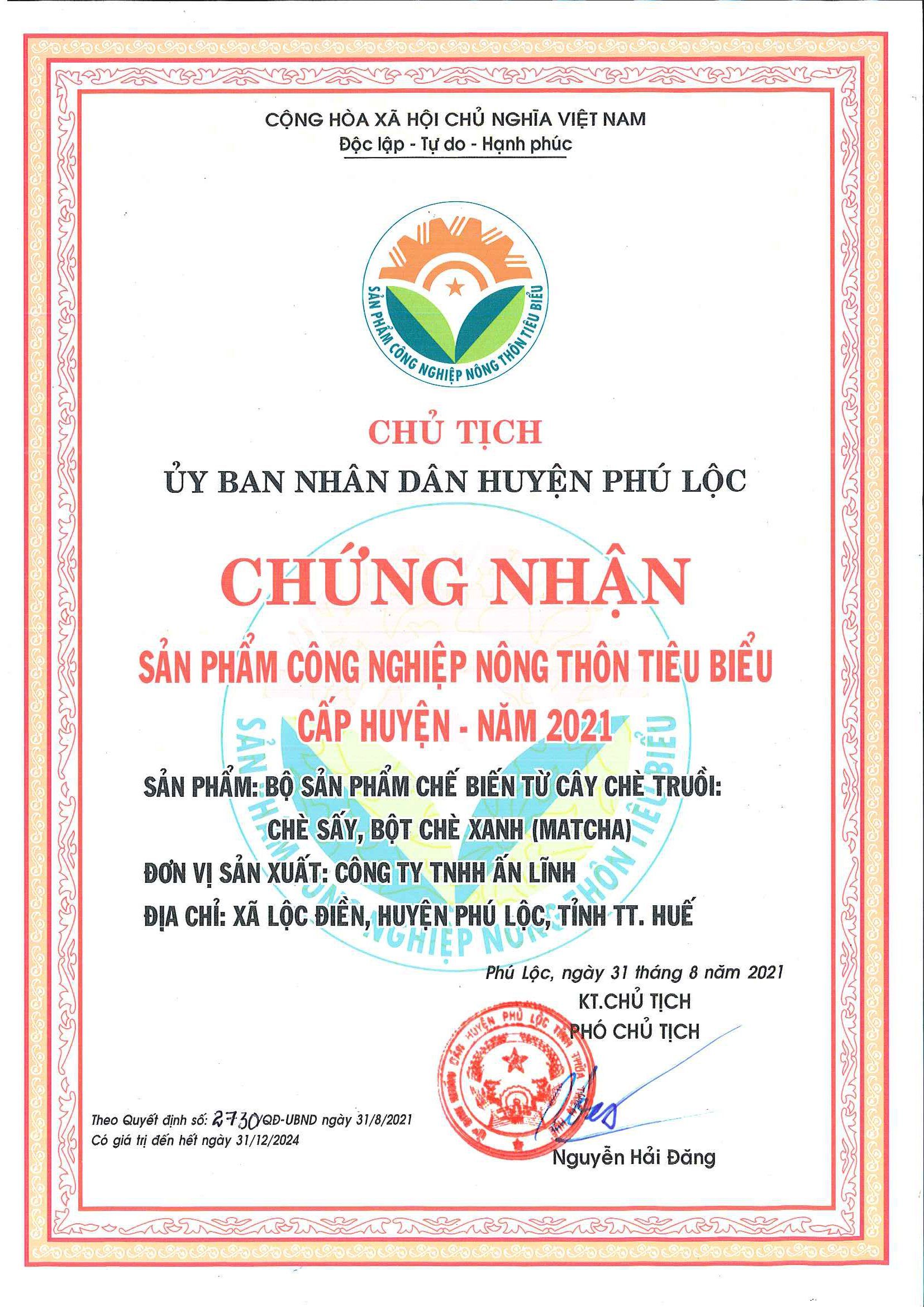 Giấy chứng nhận Nông Thôn tiêu biểu cấp Huyện Năm 2021 - Bancha  Tea An Linh