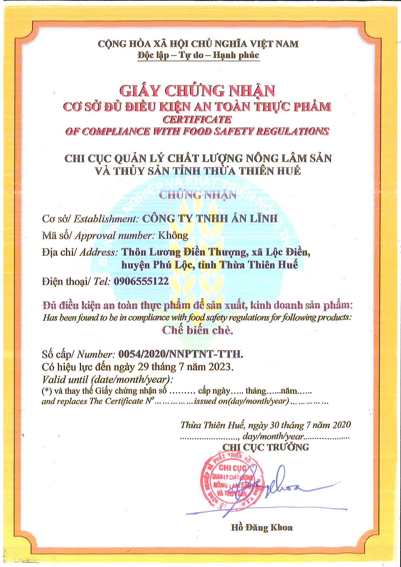 Giấy An Toàn Thực Phẩm - Food Safety Certirificate - Bancha Tea Vietnam