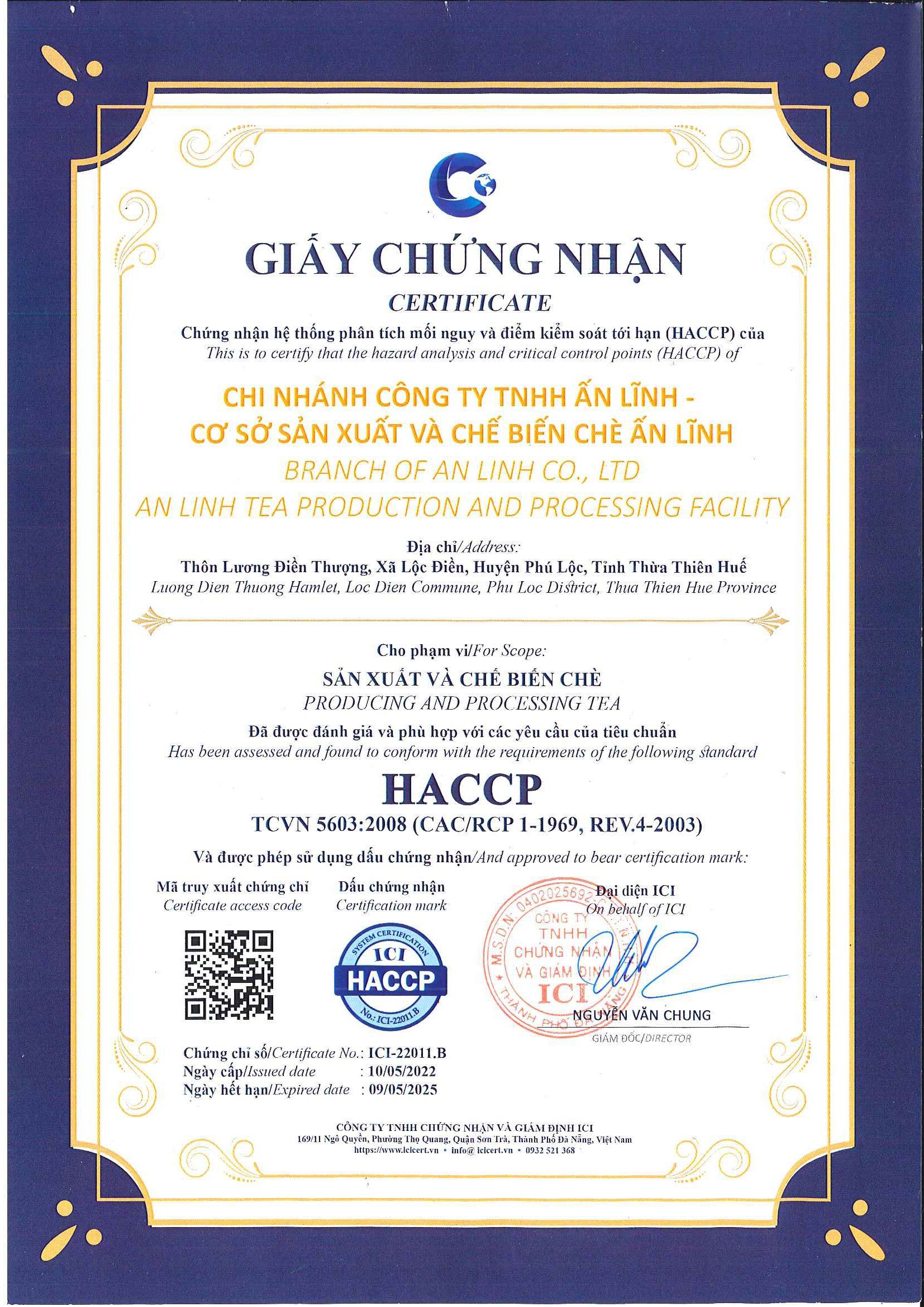 Giấy chứng nhận HACCP - Certificate for Hazard Analaysis and Critical Control Points (HACCP)